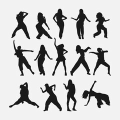 set of female dancer silhouettes. street dancers with various different styles, poses, movements. vector illustration.