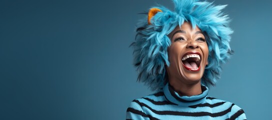 Generative AI banner of a a copy space banner of a smiling Happy Adult Black Woman Wearing a Tiger Costume for Halloween on a Blue Banner with Space for Copy - obrazy, fototapety, plakaty