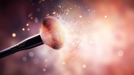 Soft makeup brush explodes into a cloud of light pink powder on a light background. Generative AI - obrazy, fototapety, plakaty