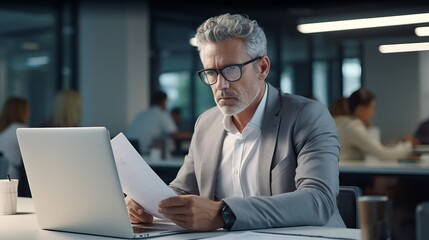 Fototapeta na wymiar Generative AI banner of a Busy middle aged executive, mature male hr manager holding documents using laptop looking at pc in office at desk, thinking over financial data report feeing doubt