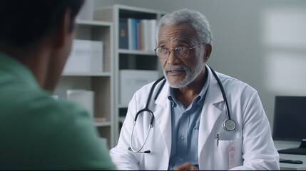 Generative AI banner of a Elderly patient black people attentively listening to mature doctor receiving valuable health advice and discussing comprehensive health results in caring medical environment - obrazy, fototapety, plakaty