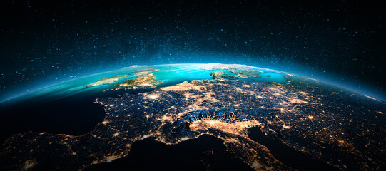 Italy, France, Alpes city lights