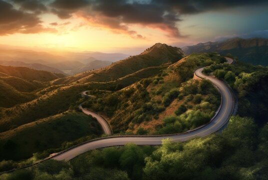 winding road in the hills with a beautiful view of the sun in the evening. generative ai