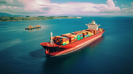 Cargo ship on the ocean with copyspace. Generative AI - obrazy, fototapety, plakaty