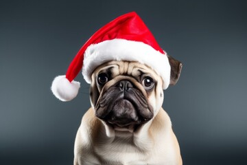 Studio portrait of a cute pug dog  wearing a Christmas hat. AI generated