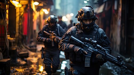 Fototapeta na wymiar Special operations soldiers against terrorism. Generative AI