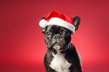 Studio portrait of a cute French Bulldog dog  wearing a Christmas hat. AI generated