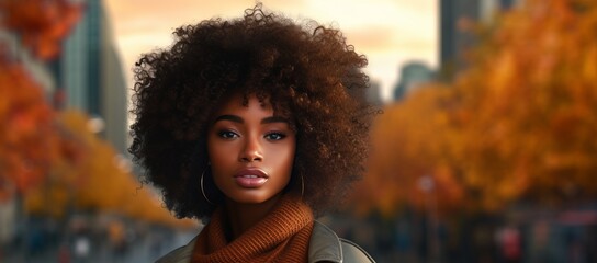 Generative AI banner of a copy space banner, a shot of a Portrait of a Beautiful Black Woman in front of a Autumn City Background in the Fall - obrazy, fototapety, plakaty