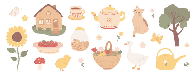 Cottagecore set of elements in pastel colors. Vector illustration of country house, mushroom, flowers, strawberries, watering can, tree, tea set and farm animals in hand drawn cartoon style