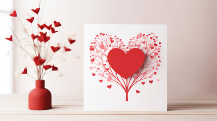 flowers on a table next to a card that has a red heart on it, Valentine Day, Mother's day, birthday greeting cards, invitation, celebration concept