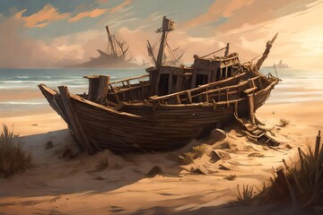 Create a depiction of an ancient, weather-beaten shipwreck half-buried in the sands of a deserted island - obrazy, fototapety, plakaty