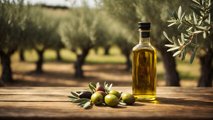 bottle of oil and olives - obrazy, fototapety, plakaty