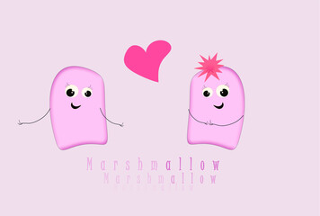 postcard with pink funny marshmallow and hearts