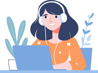 In a flat vector illustration, a girl listens to music at her desk with a laptop.