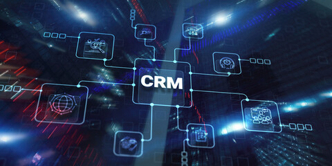 CRM. Customer Relationship Management on modern city background