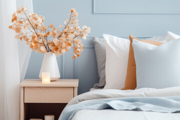 Modern minimalist bedroom interior in blue tones. A bouquet of dry hydrangea and autumn leaves in a vase on the bedside table.