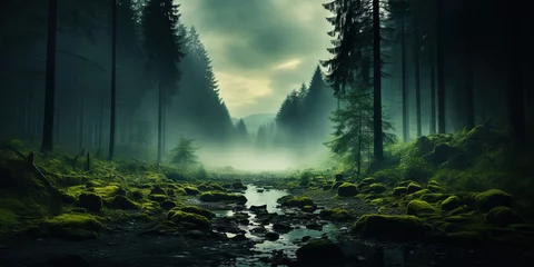  Misty mountain landscape with fir forest and river in vintage retro style. Generative AI © AngrySun