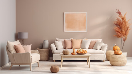 Living room in beige and apricot tones. Autumn decor.