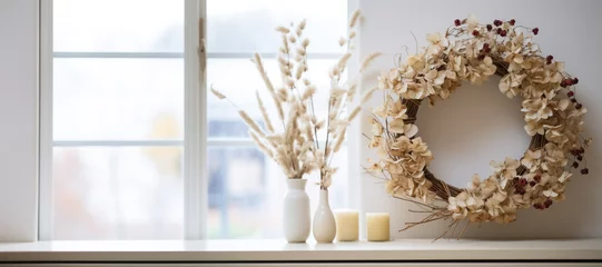  A wreath of dried flowers on the wall. Decor of hydrangea for Thanksgiving and Christmas. © July P