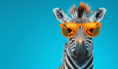 Funny zebra with sunglasses on blue background. 3D rendering