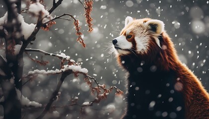 Red panda in winter forest with falling snow. Snowfall.