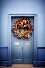 A wreath of dry hydrangea and autumn leaves on a blue front door. Thanksgiving decor.