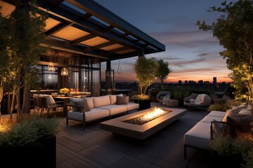 Design a luxurious penthouse penthouse penthouse penthouse with a rooftop garden and outdoor kitchen - obrazy, fototapety, plakaty