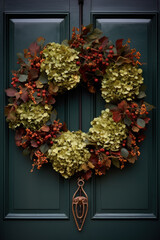 A wreath of dry hydrangea and autumn leaves on a green front door. Thanksgiving decor.