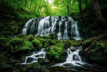 Fototapeta na wymiar beautiful waterfall in the green forest. generative ai
