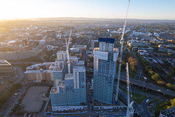Manchester City Centre Drone Aerial View Above Building Work Skyline Construction Blue Sky 2023...