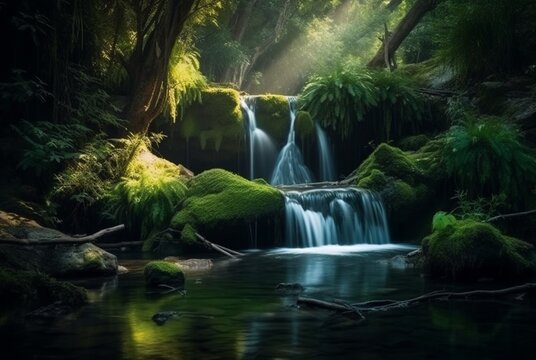 beautiful waterfall in the green forest. generative ai © LivroomStudio
