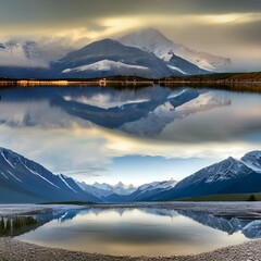 A serene lake reflecting a snow-capped mountain range4, Generative AI