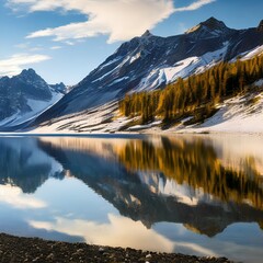 A serene lake reflecting a snow-capped mountain range1, Generative AI