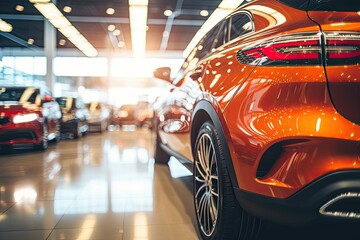 New cars display in luxury showroom with light bokeh in motor show event. - Powered by Adobe