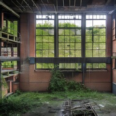 An abandoned, overgrown industrial factory with a haunting, eerie atmosphere1, Generative AI