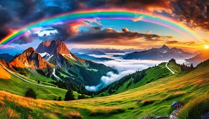 A vibrant rainbow stretching across majestic mountain peaks