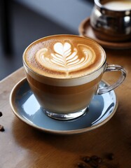 A delicious cappuccino served on a rustic wooden table