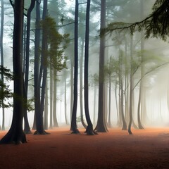 A dense, mystical forest with ancient trees and fog1, Generative AI