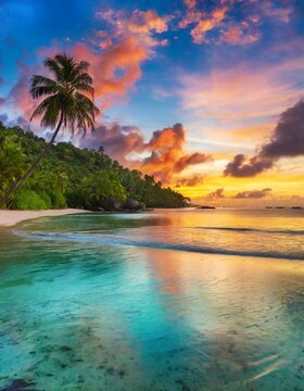 A stunning tropical beach sunset with palm trees