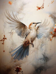 Beige fine art minimal bird flying in artwork generatieve ai