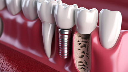 Imagen de una prótesis de diente. Dentadura postiza de cerca, implante de una muela. - obrazy, fototapety, plakaty