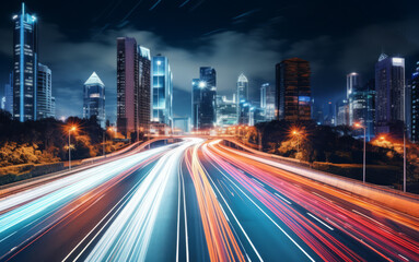 Imagen una carretera principal de la ciudad con luces de coches con efecto de larga exposición durante la noche con edificios al fondo.