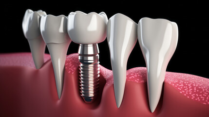 Imagen de una prótesis de diente. Dentadura postiza de cerca, implante de una muela. - obrazy, fototapety, plakaty