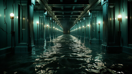 Inundación de pasillo interior subterráneo. - obrazy, fototapety, plakaty