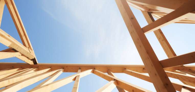 Detalle del marco de madera de la estructura prefabricada, vista hacia el cielo. Pilares de madera, construcción de granero.