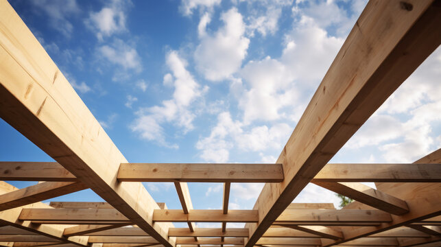 Detalle del marco de madera de la estructura prefabricada, vista hacia el cielo. Pilares de madera, construcci&oacute;n de granero.