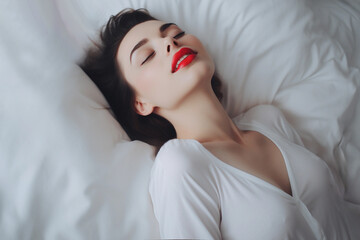 Sensual Woman Enjoying Pleasure in Bedroom. Orgasm concept. Generative Ai. - obrazy, fototapety, plakaty