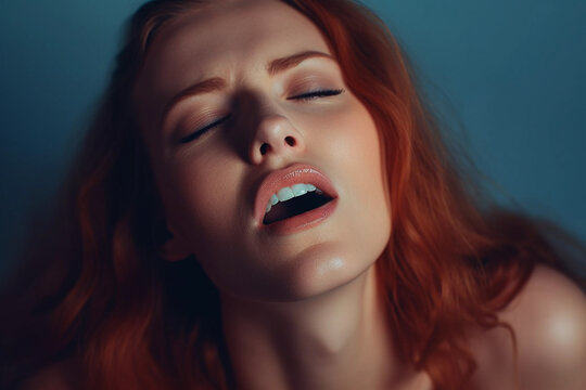 A beautiful sensual red-haired woman enjoying sexual pleasure, eroticism and orgasm. Generative Ai.