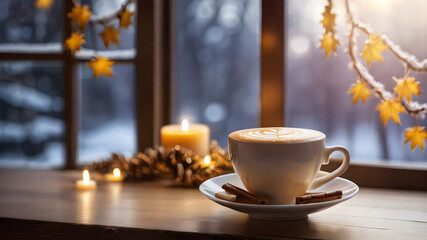 Naklejka na ściany i meble A cup of cappuccino on the table near the window