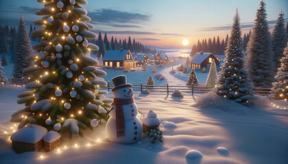 Enchanted Winter Evenings: Serene Snowscapes with Festive Elements